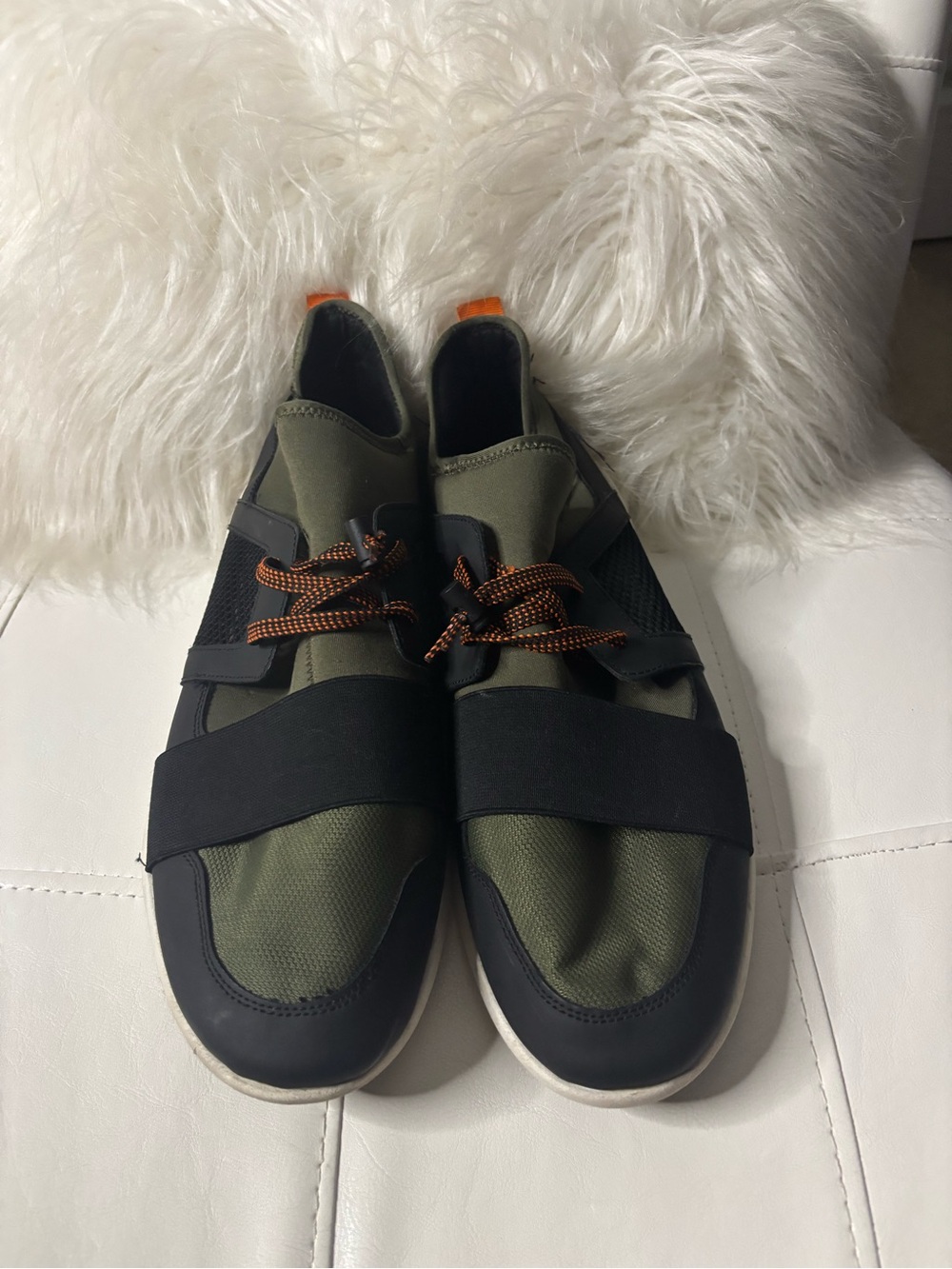 Aldo Men's Olive Green and Black Slip-On Sneakers with Orange Accents